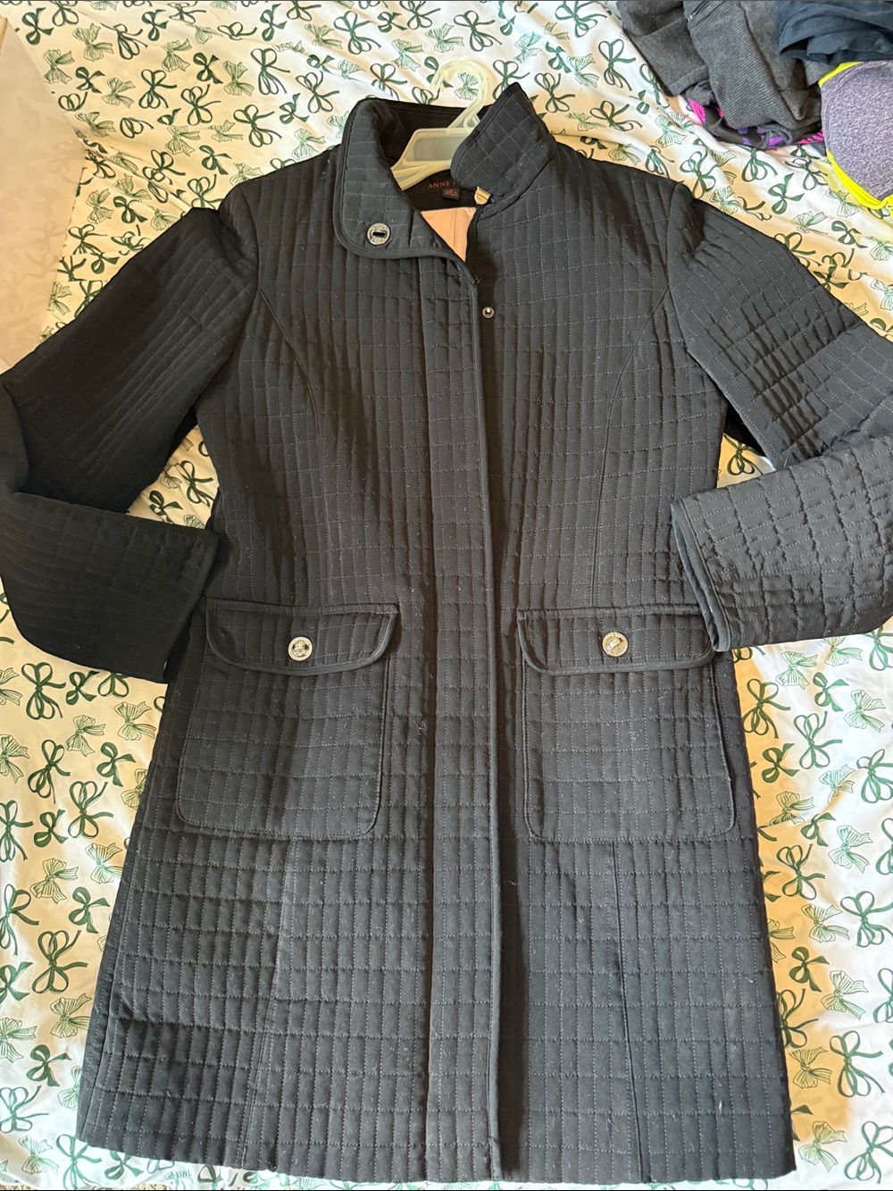 Anne Klein Sz S Black Quilted Trench Coat with Flap Pockets zip EUC PCH
